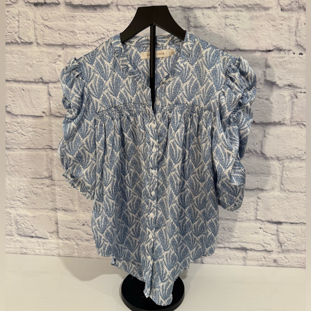 bishop + young Leaf Print Blouse in Blue and White